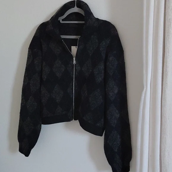 ZARA ARGYLE KNIT BOMBER JACKET - Picture 9 of 13